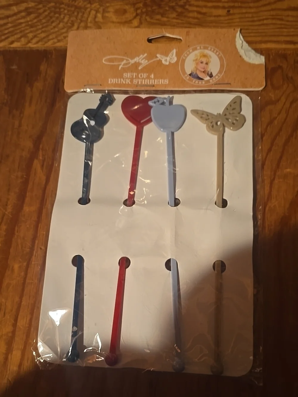 ❤️10/$13 Dolly Parton Set of 4 Drink Stirrers - Red, Blue, Light Blue, Gold